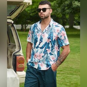 SHEIN Men’s Tropical Blue and Pink Button Up Shirt